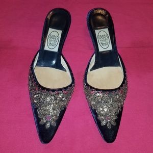 Emma Hope Navy Velvet Sequin Kitten Heel Mule